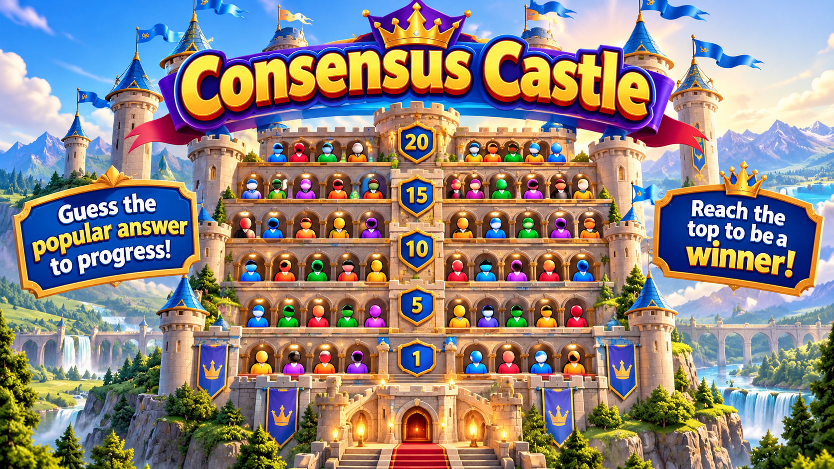 Consensus Castle game board, showing a grand castle full of climbers